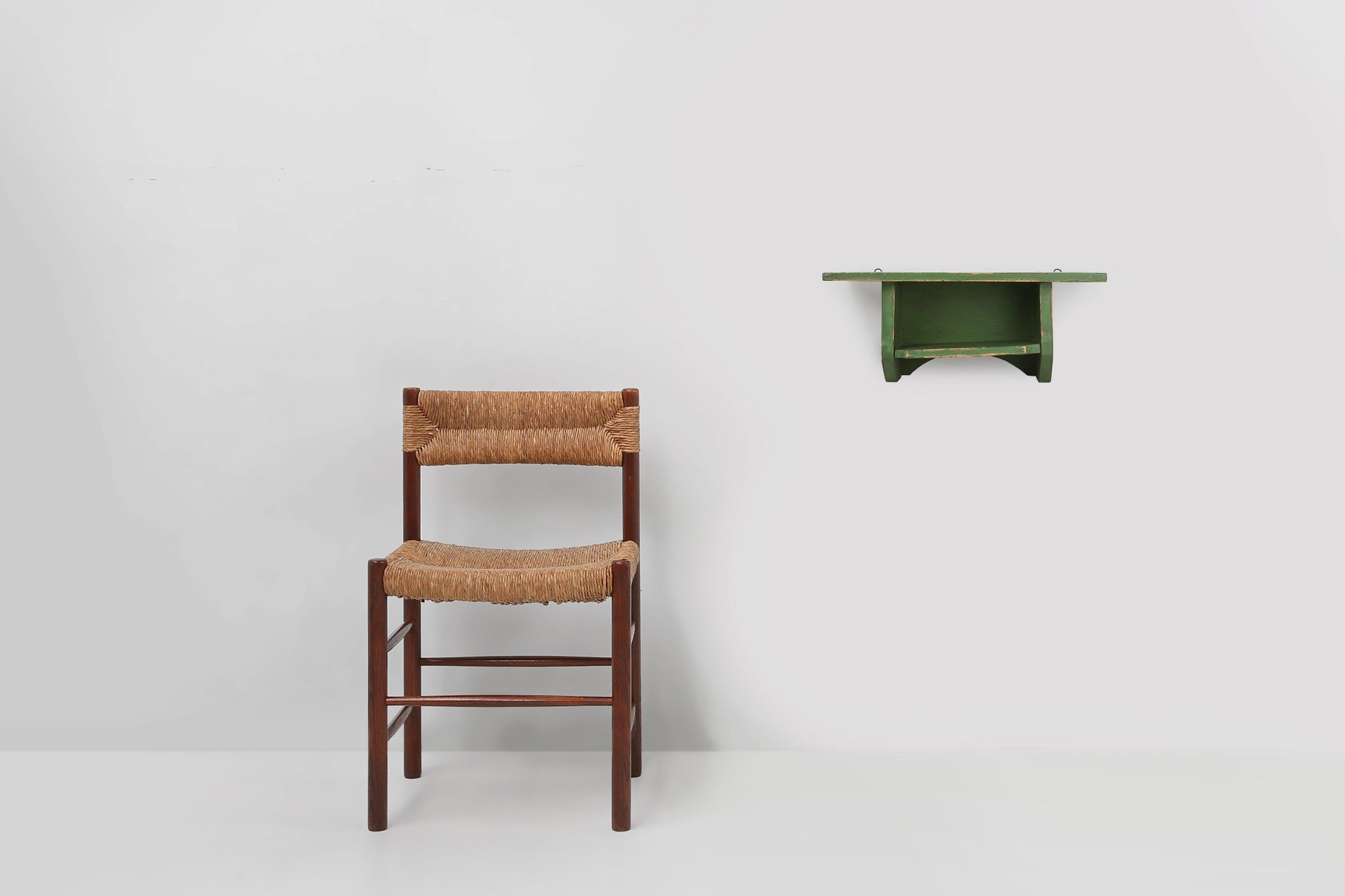 Small Rustic Green Wooden Wall Unit with 2 Shelves, France, 1880sthumbnail